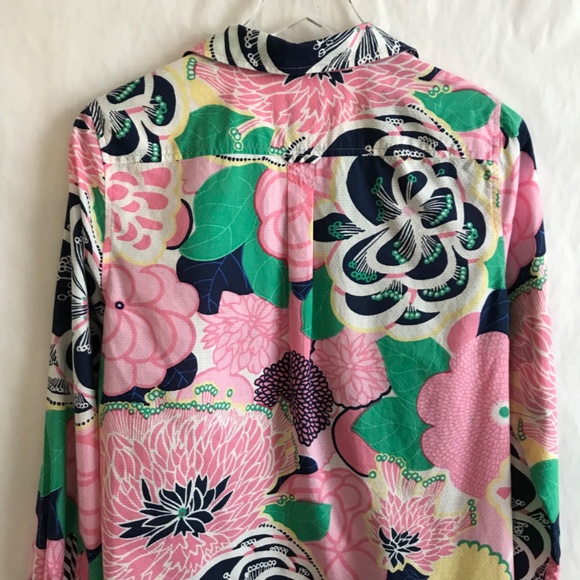 Talbots Vibrant Floral Anchor Buttons Cotton Popover Tunic Blouse MP Pink Navy - Picture 4 of 8